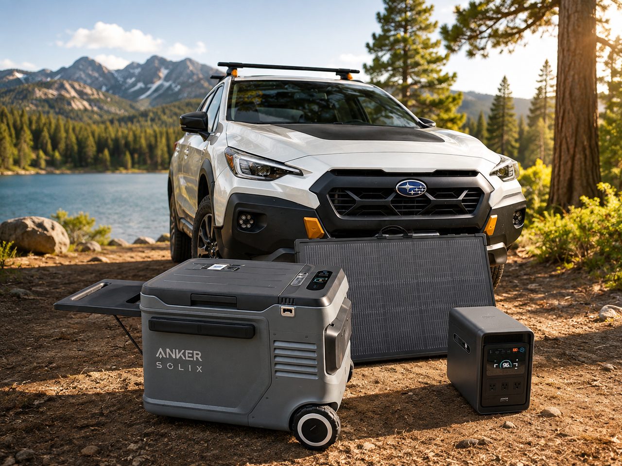 A portable power station, folding solar panel, and electric cooler set up beside a mountain lake