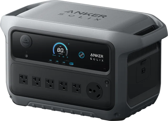 A larger portable power station with household outlets, USB ports, and a display