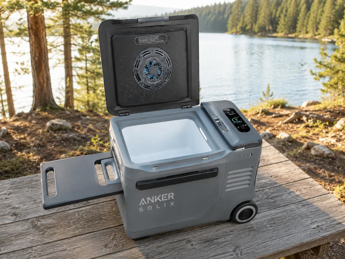 A wheeled electric cooler with its lid open, showing the empty interior, the temperature display, and a fold-out side table