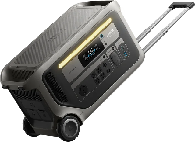 A large portable power station with wheels and a telescoping handle